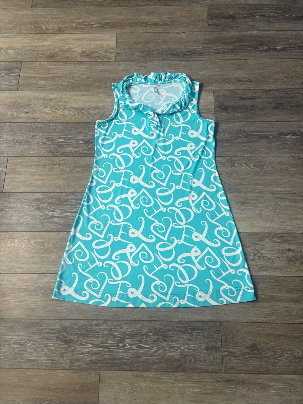 Lulu-B Dress Sz M Love Print Ruffle Golf Pickleball Tennis Athleisure UPF 50+